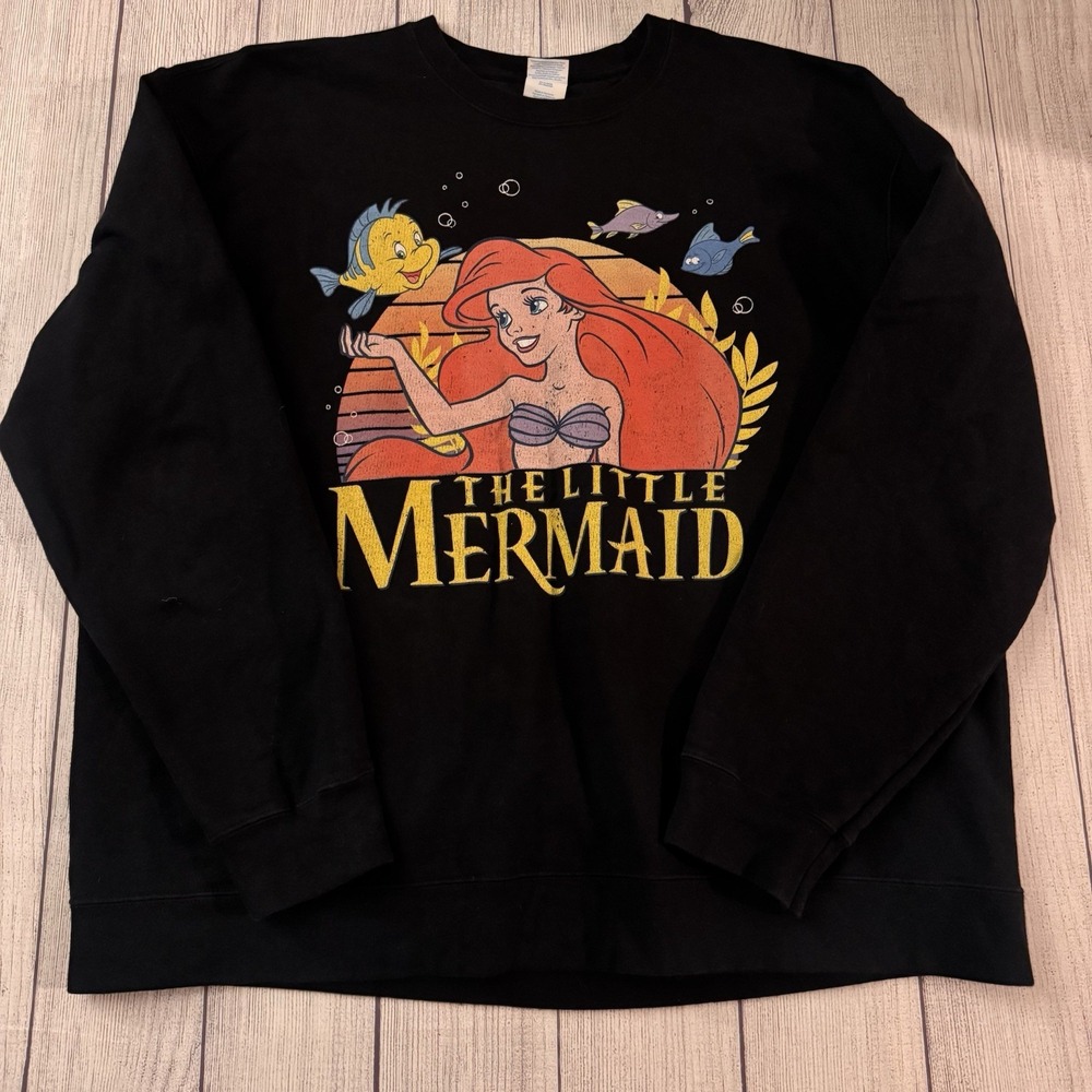 Disney The Little Mermaid Ariel Flounder Black Crewneck Sweatshirt 2XL Graphic